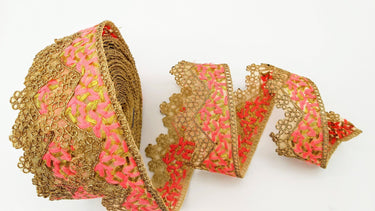 Gold Sheer Tissue Fabric Cutwork Trim with Embroidery in Gold and Salmon Pink, Scallop Trim, Fringe Trim